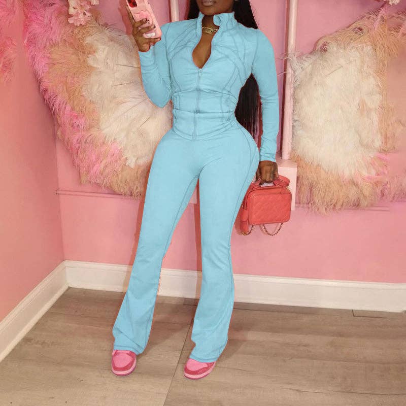 MB Fashion Wholesale - Vente Ensemble de vêtements d'intérieur – femme - ENSEMBLE DEUX PIÈCES À MANCHES LONGUES AVEC FERMETURE ÉCLAIR ET JAMBES ÉVASÉES HR240578