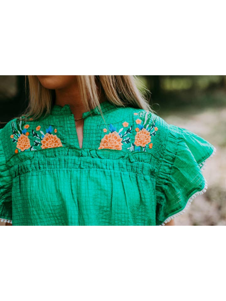 Green MK377 Embroidered Flutter Sleeve Puebla Top for wholesale on Faire