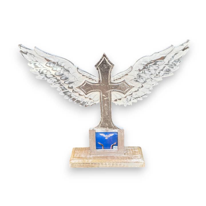 Wilco Home - Wholesale Wall Cross - Carved Wood Memorial Cross with Angel Wings and Photo Frame