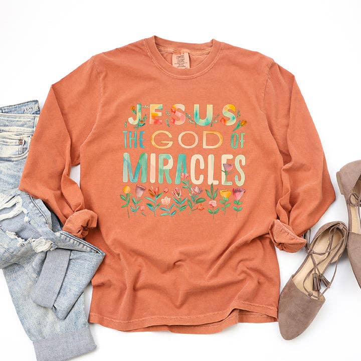 Uplifting Threads Co Wholesale - Wholesale Screen Printed T-Shirt - Women's - God Of Miracles | Garment Dyed Long Sleeve3