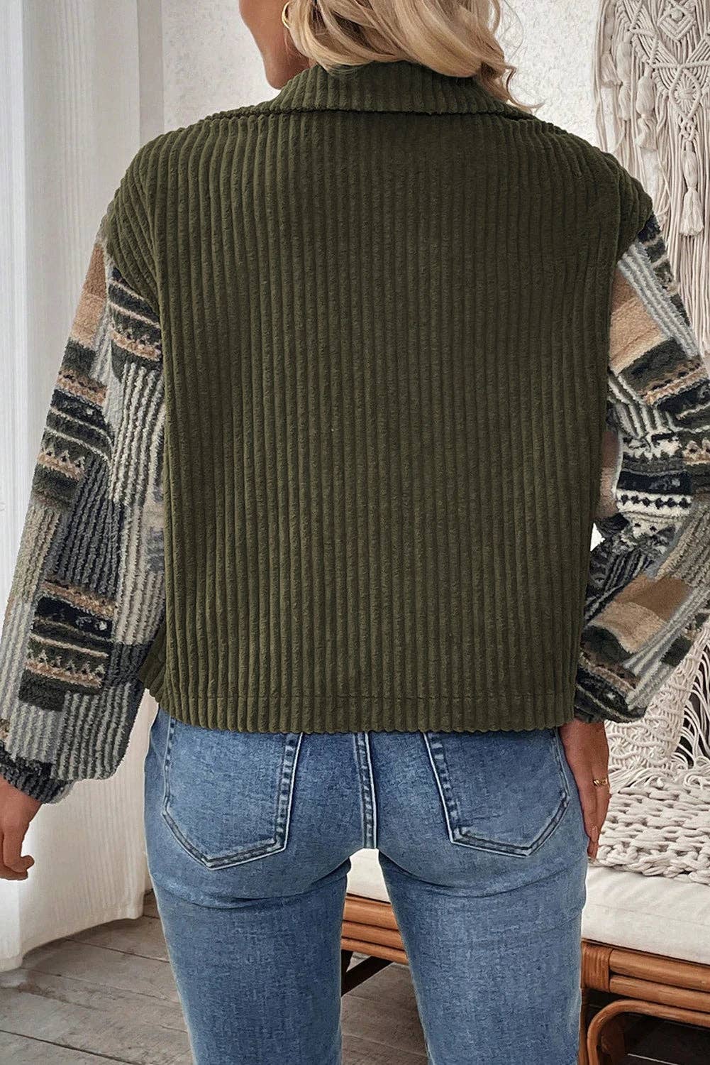 Jungle Green Ribbed Fleece Plaid Print Patchwork Button Up Jacket for wholesale on Faire2