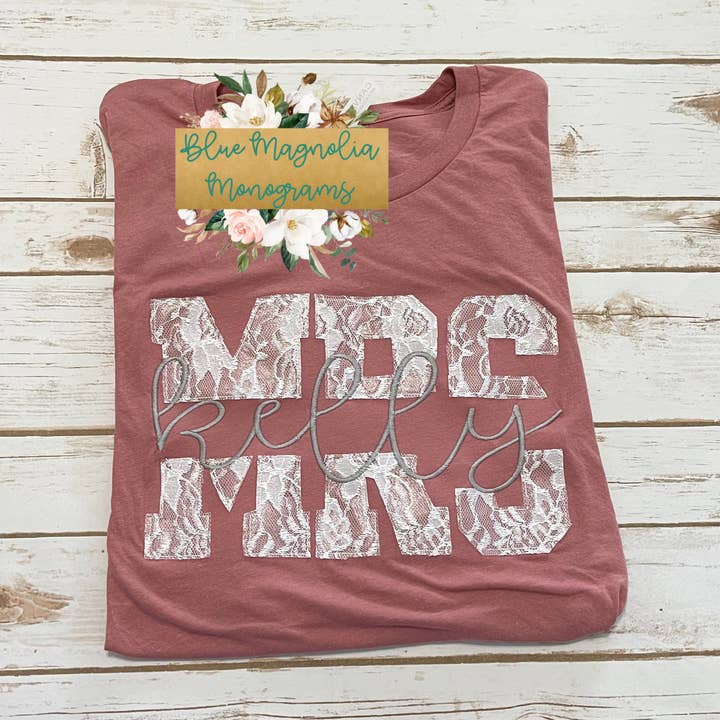 Lace Mrs. Shirt Applique Tee for wholesale by BLUE MAGNOLIA MONOGRAMS