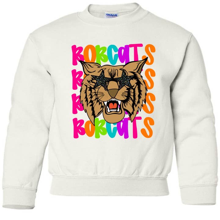 Pecan Creek Designs - Wholesale Sweatshirt - Kids - Colorful Bobcat Sweatshirt with Bobcat Face wearing Star Sunglasses4