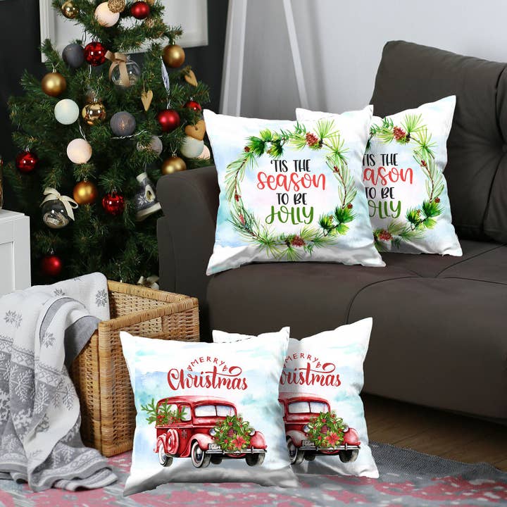 Christmas Car & Quote decoratieve sierkussenset van 4 vierkante voor wholesale door MIKE & Co. NEW YORK