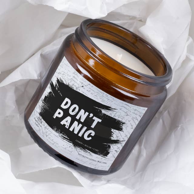 Don't Panic Literary Soy Candle (Lemon Pound Cake) for wholesale by Misplaced Muse Creative