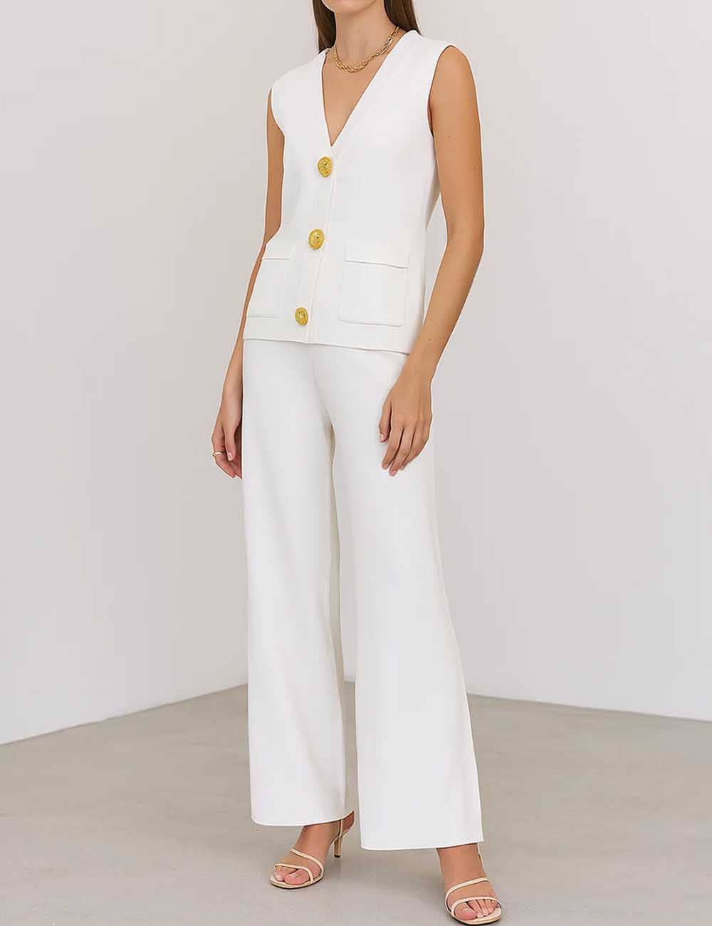 Sweetkama - Vendita all'ingrosso Completo top e pantaloni (NON loungewear) - Donna - Completo 2 pezzi: Gilet e Pantaloni a Maglia con Bottoni e Scollo a V a Tinta Unita da Donna9