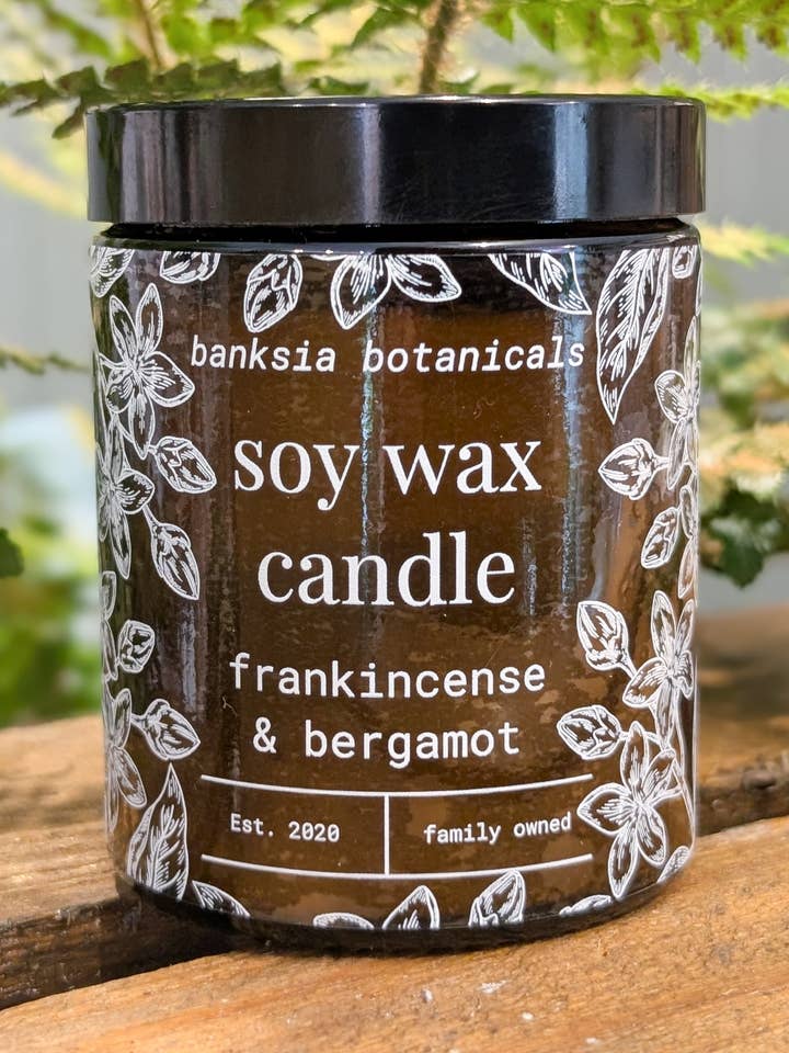 Frankincense & Bergamot Scented Candle - 100% Vegan Soy Wax for wholesale by Banksia Botanicals