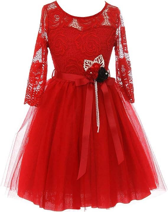 iGirlDress - Wholesale Dress - Kids - Little Girls 3/4Sleeve Floral Lace Corsage Flower Girl Dress0