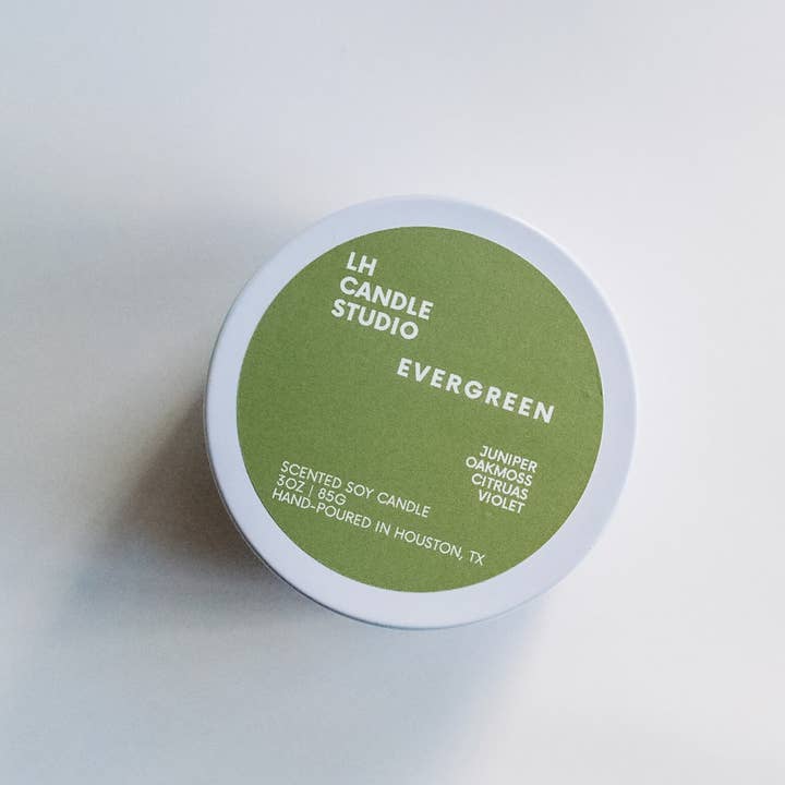 Evergreen Travel Tin Candle for wholesale by LH CANDLE STUDIO