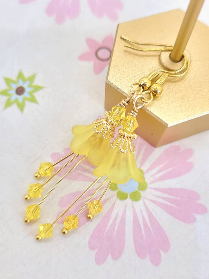 Bell Flower Dangle Earrings - Sunflower Yellow and Gold for wholesale by Chic Brico