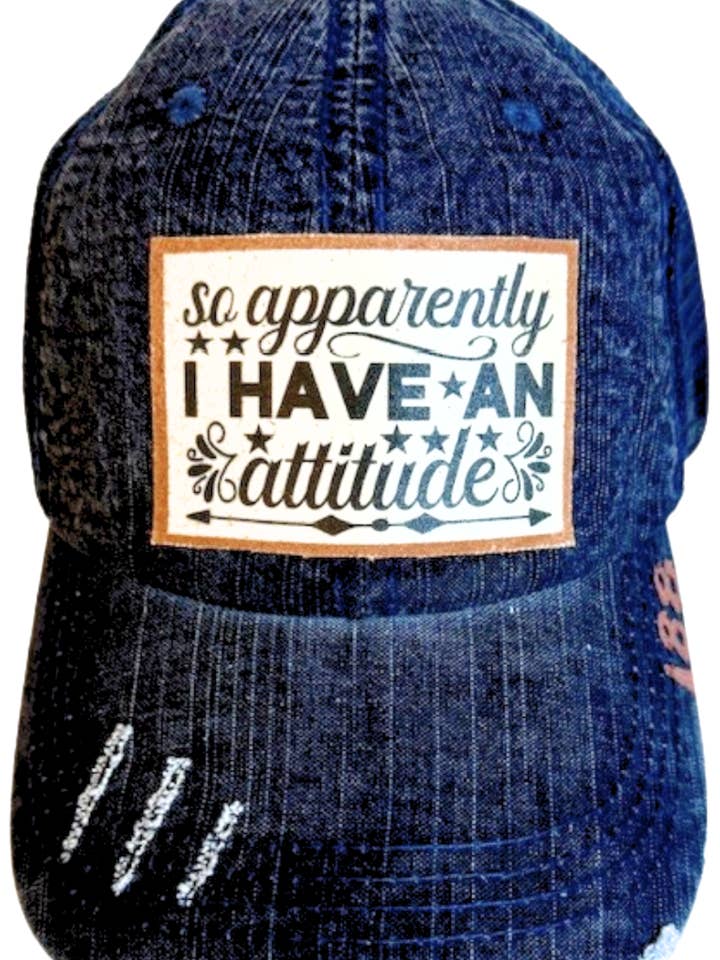 (18) " SO APPARENTLY ATTITUDE" DISTRESSED TRUCKER HAT for wholesale by Jana's Flannels