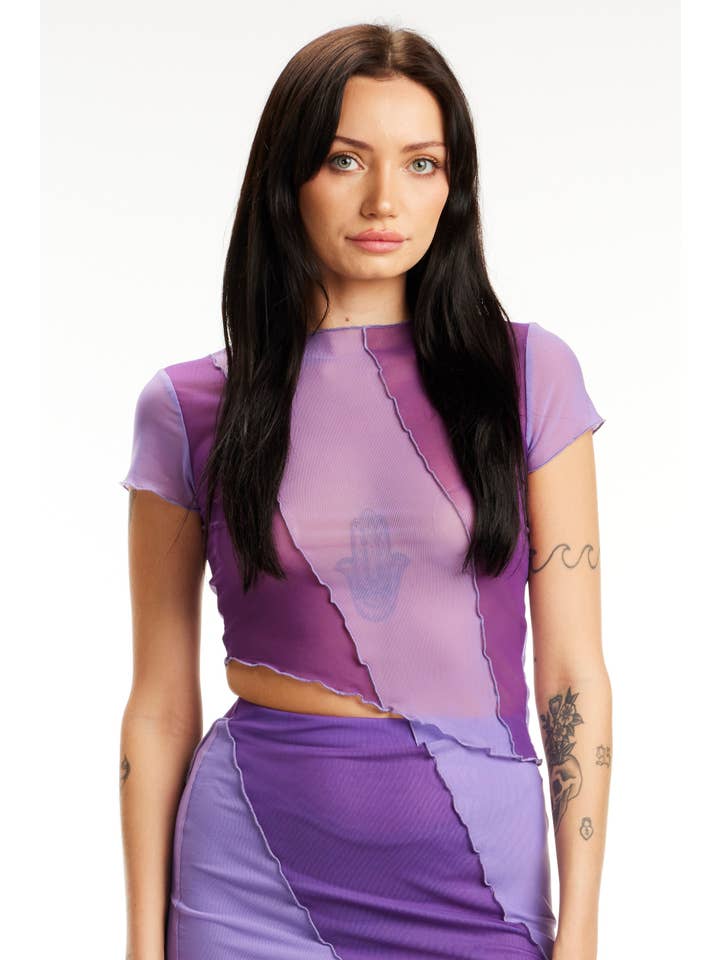 LAVENDER PURPLE Two Tone Mesh Crop Top for wholesale on Faire