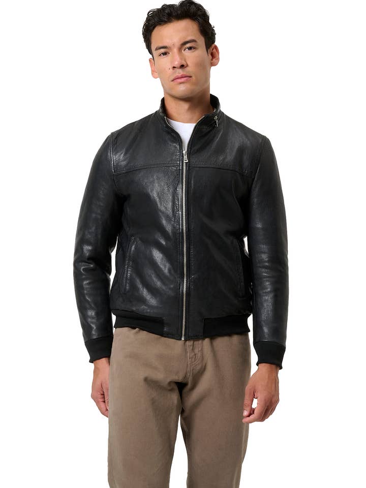 black Men's Leather Jacket Marlon - Blouson Style - Buffalo Nappa Leather for wholesale on Faire