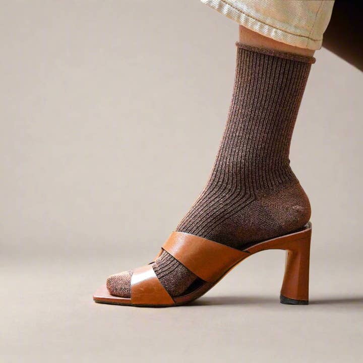 KLUE - Vente Chaussettes – femme - Chaussettes KLUE Glitter Lurex en Lyocell écologique | Marron camel