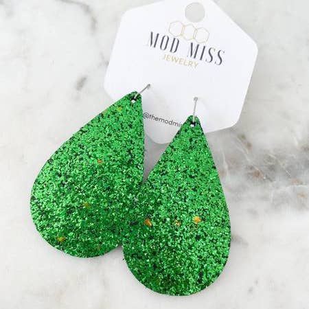 The Mod Miss – wholesale Hängande örhängen – Läder+Canvas Teardrop Örhänge ”Glitter Grön (tjock) ”