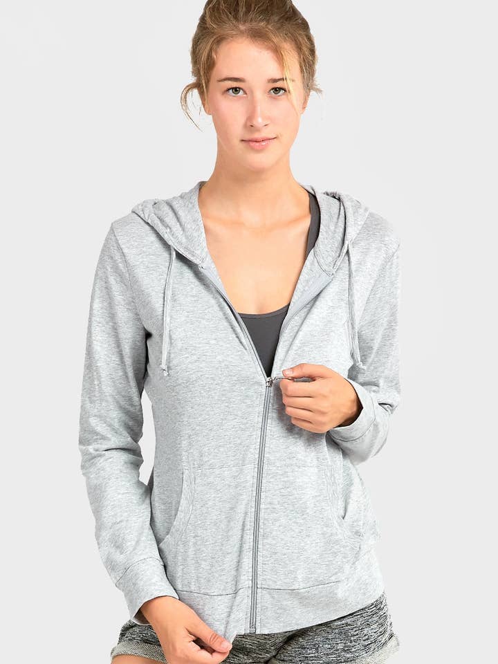 Women's Essentials Sofra Lightweight Full Zip Cotton Hoodie Sweater Heather Gray (HDC7000_HGY) for wholesale by 247 Frenzy