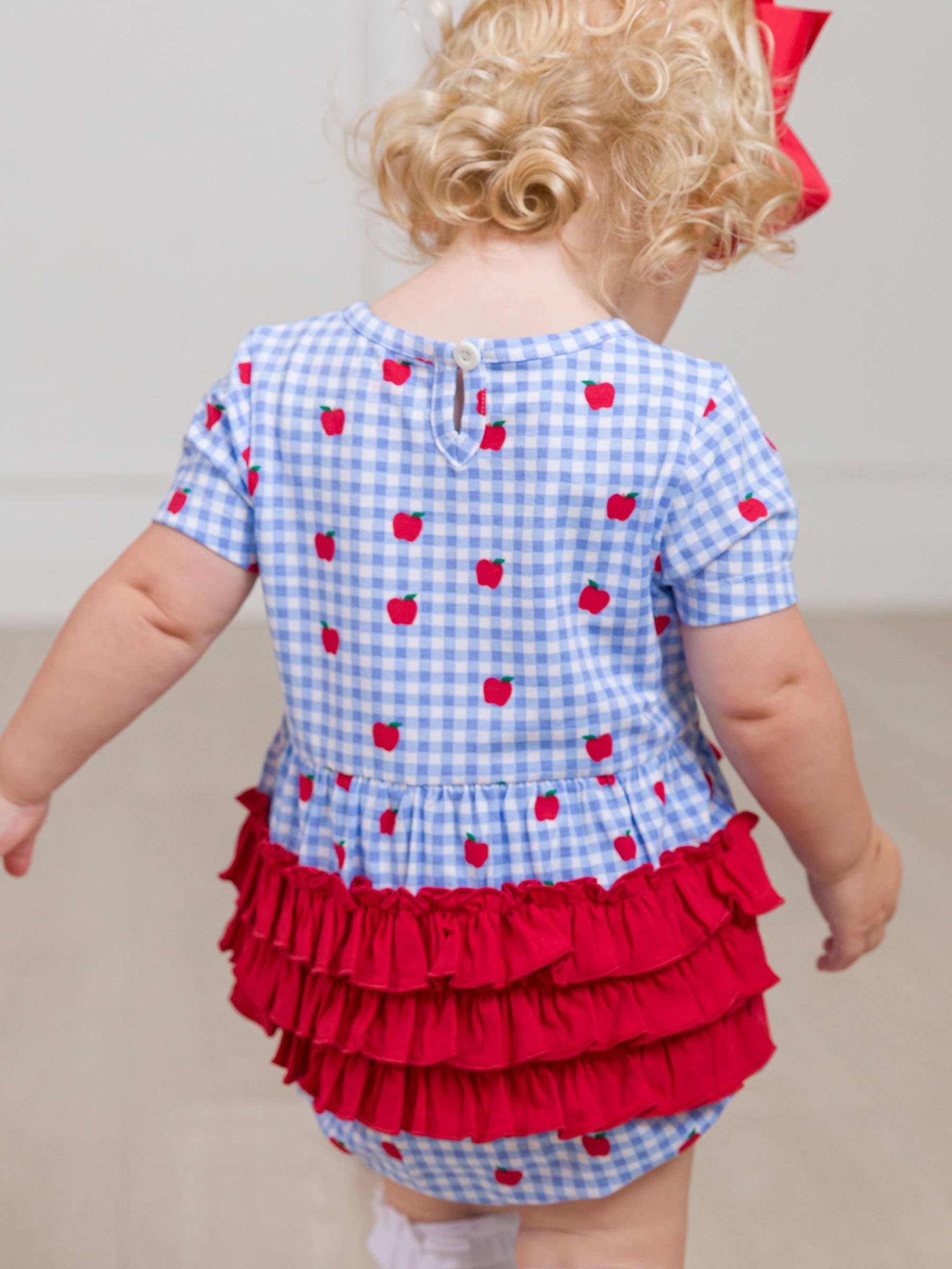 Blue Baby Girls Apple Orchard Gingham Knit Short Sleeve Bow Bubble Romper for wholesale on Faire2