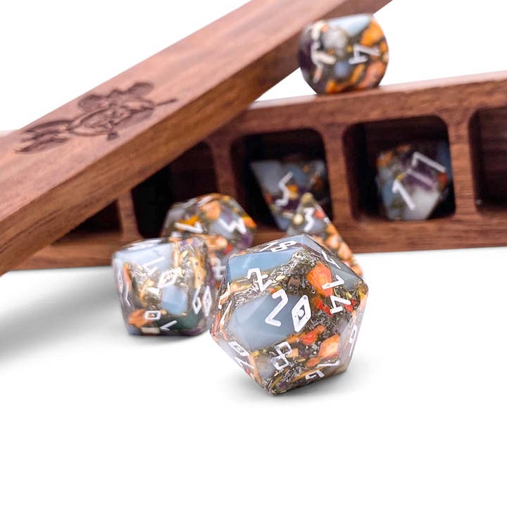 Norse Foundry - Wholesale Dice - Amazonite Orange Imperial Jasper with Copper- 7 Piece RPG Set TruStone Dice2