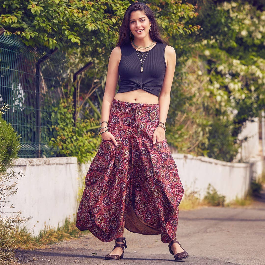 Los Banditos - Wholesale Skirt - Women's - Retro Print Asymmetrical Hem Tie Waist  Boho Long Skirt2
