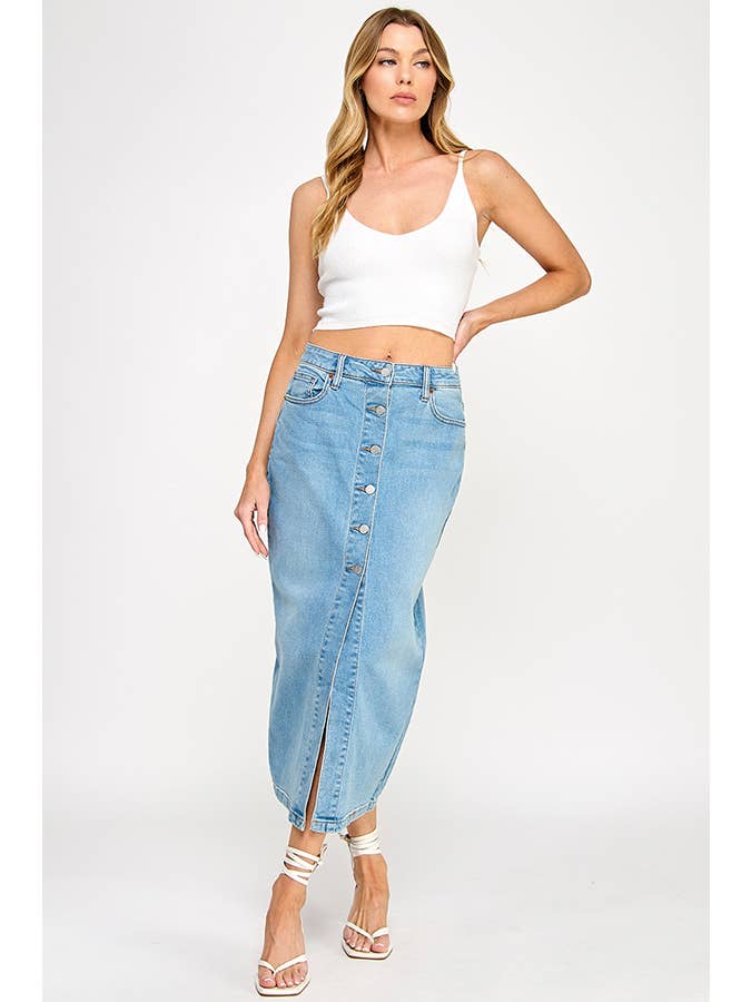 ♡20% OFF♡ BUTTON-DOWN COMFORT MAXI SKIRT IN MEDIUM LIGHT for wholesale on Faire