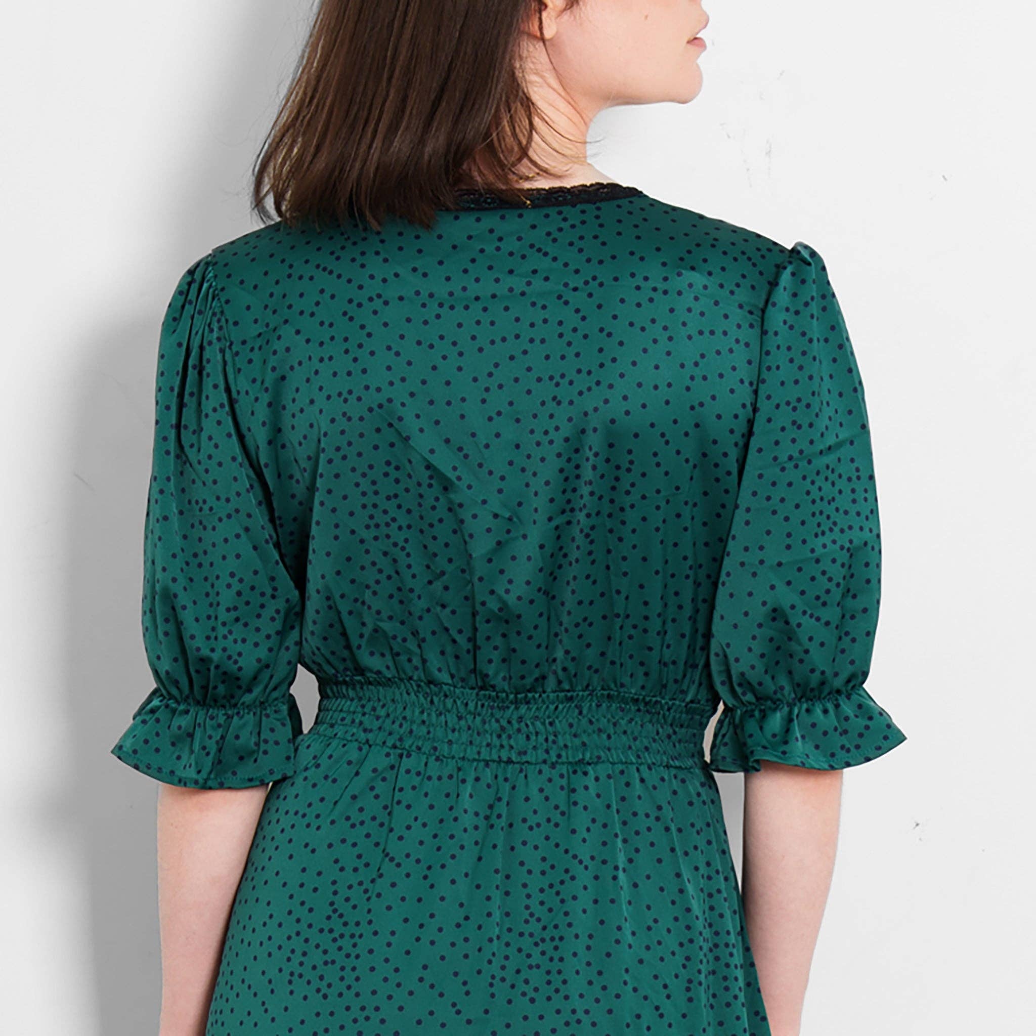 Sarta – wholesale Dress – Women's – Elise V-Neck Tea Dress- Green/Teal, Polka Dot8