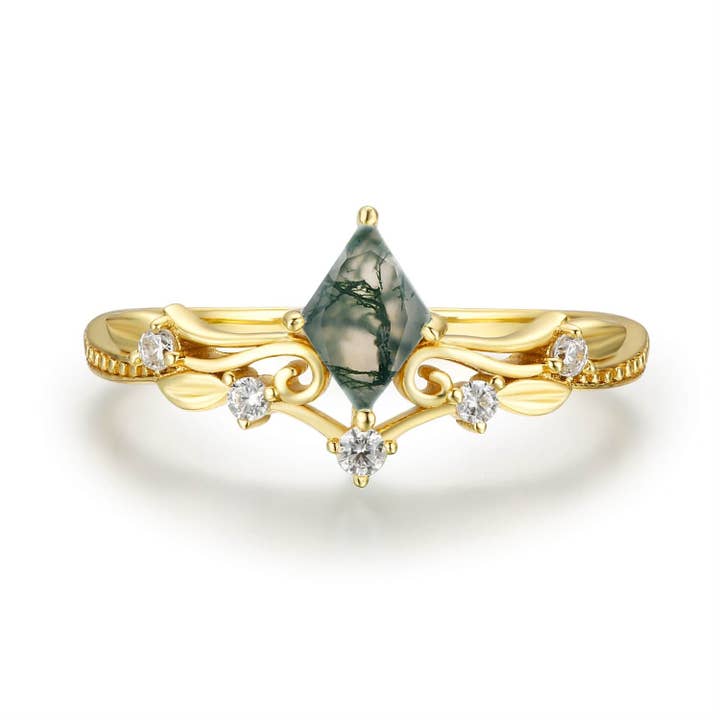 Azura Jewelry – wholesale Band/stacked ring – Victorian Lace Moss Agate Ring 10K/14K Yellow Gold