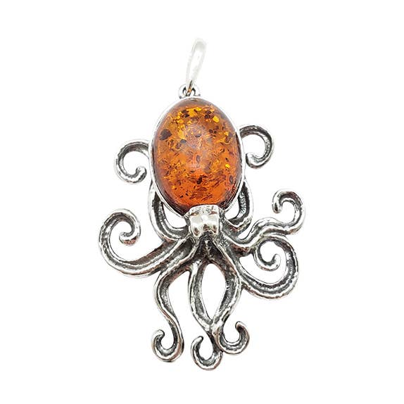 Cognac Amber Sterling Silver Octopus Pendant for wholesale by Amberman