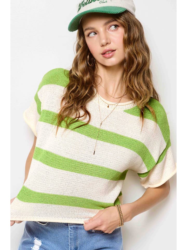 La Miel - Vente Pull en maille – femme - MCS3579-Chandail léger à rayures Boxy Silhouette16