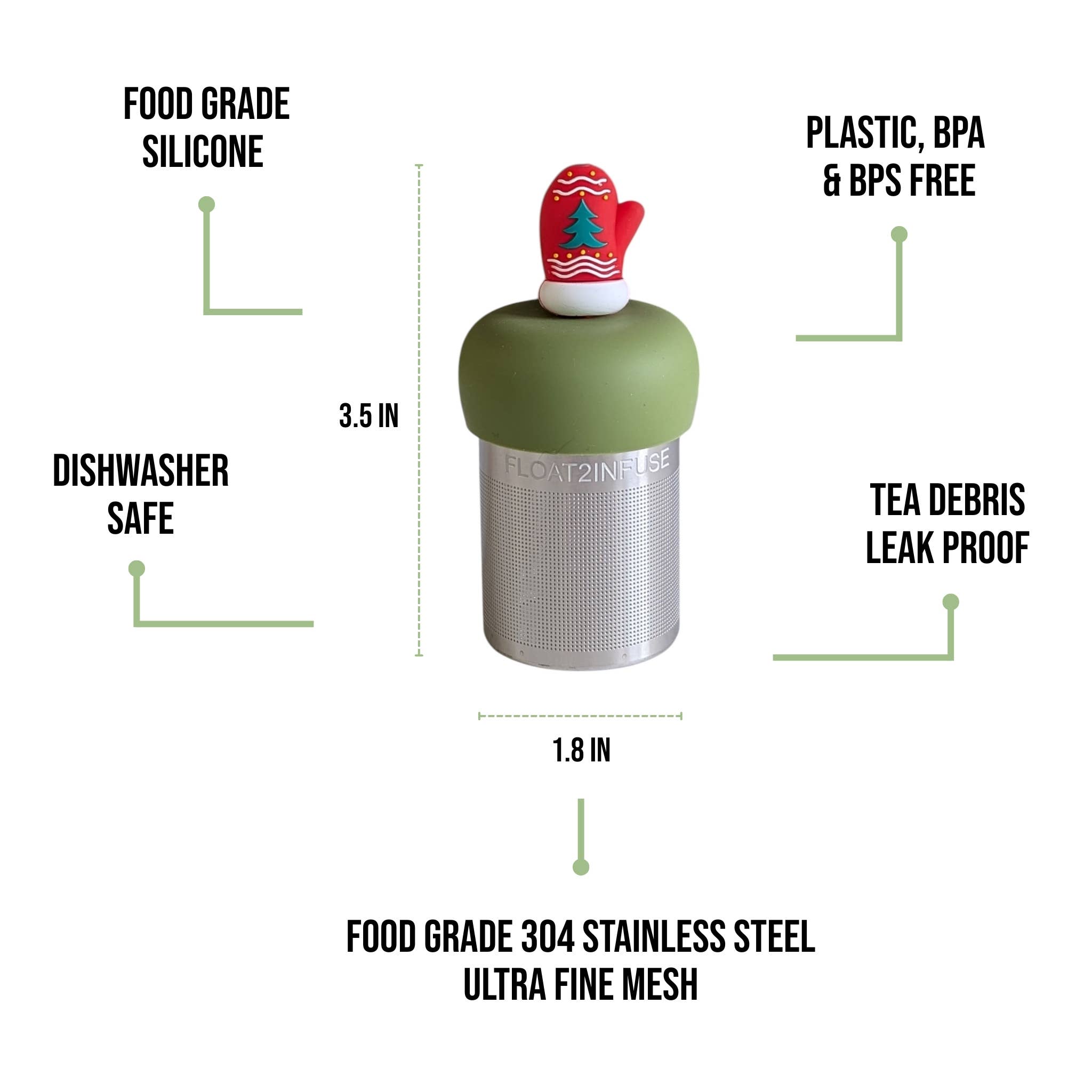 Float2infuse Tea Infuser - Wholesale Tea Strainer/Infuser - Christmas Tree Mitten | Floating Tea Steeper | Green Base5