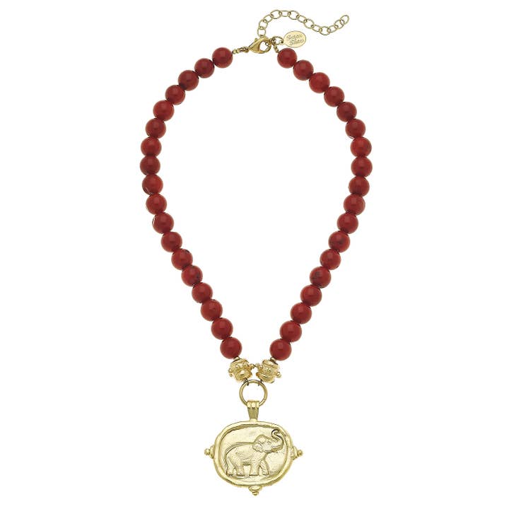 Gold Elephant on Red Coral Necklace for wholesale by Susan Shaw