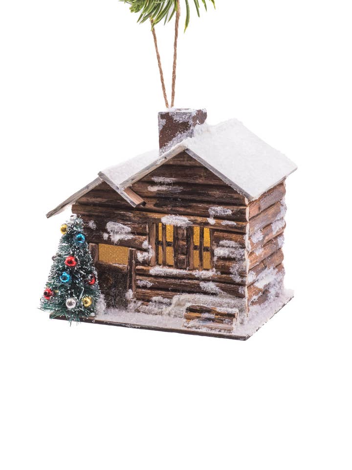 Brown/White Illuminated Cabin Ornament for wholesale by Starlight Collection