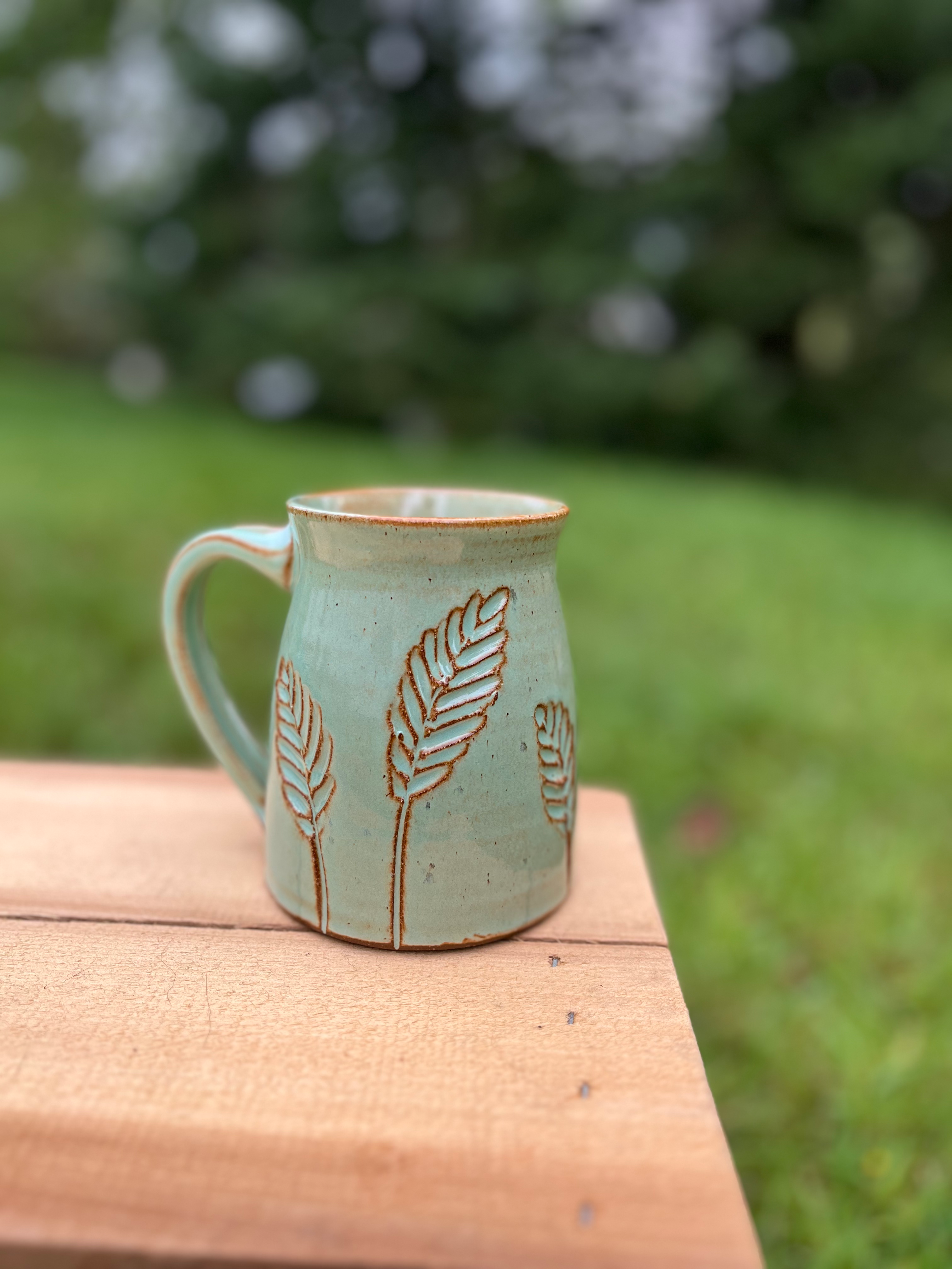 Uphill Pottery - Wholesale Coffee/Tea Cup - Carved Leaf Mug - Tapered1