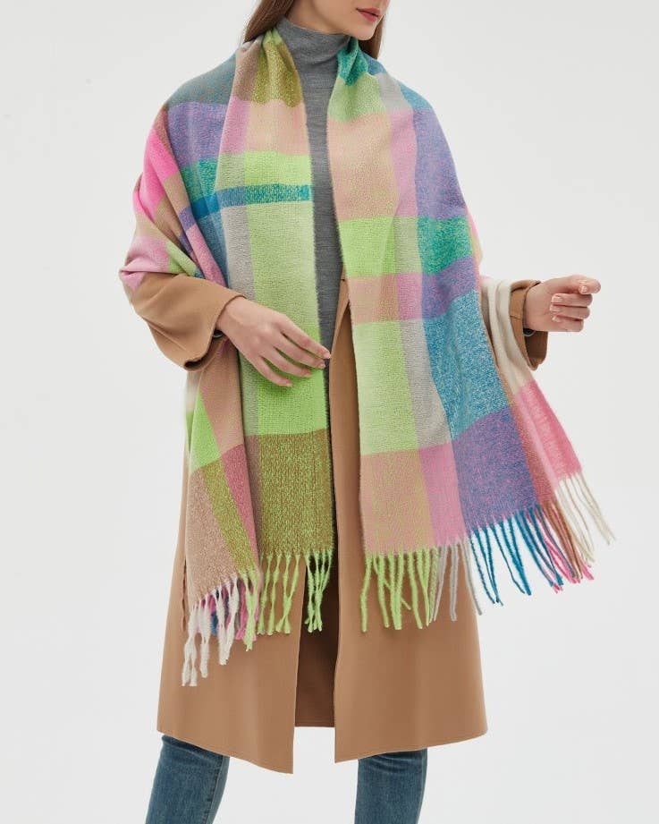 HIDDENBRAND - Wholesale Scarf - Women's - Soft cozy color block fringe scarf wrap14