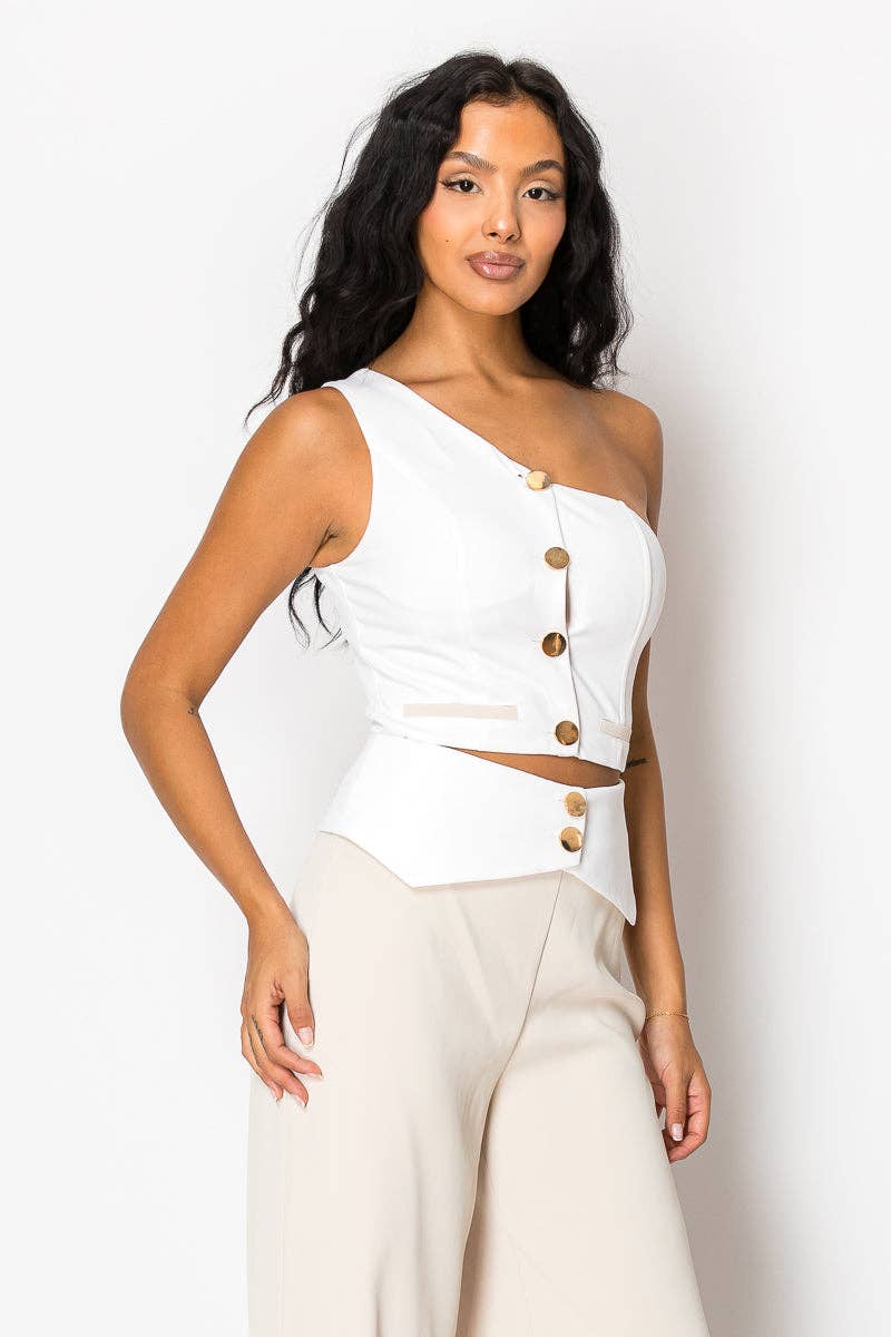 Beige Contrast Wide Pant Set With One Shoulder Top for wholesale on Faire8