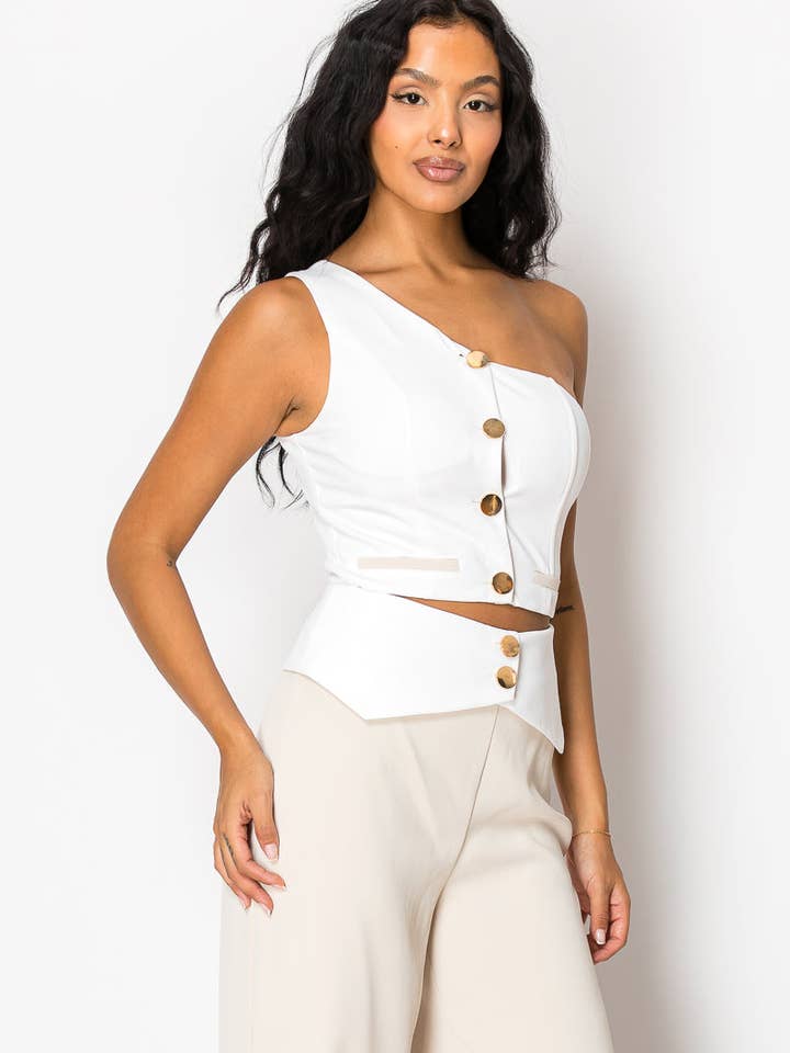 Beige Contrast Wide Pant Set With One Shoulder Top for wholesale on Faire8