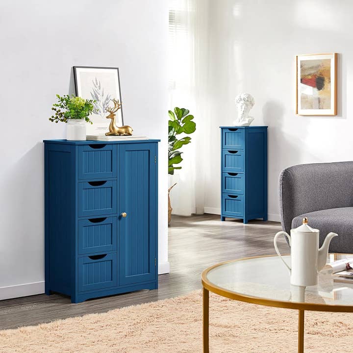 Navy Blue Wooden Bathroom Floor Cabinet With 4 Drawers And Cupboard for wholesale on Faire8
