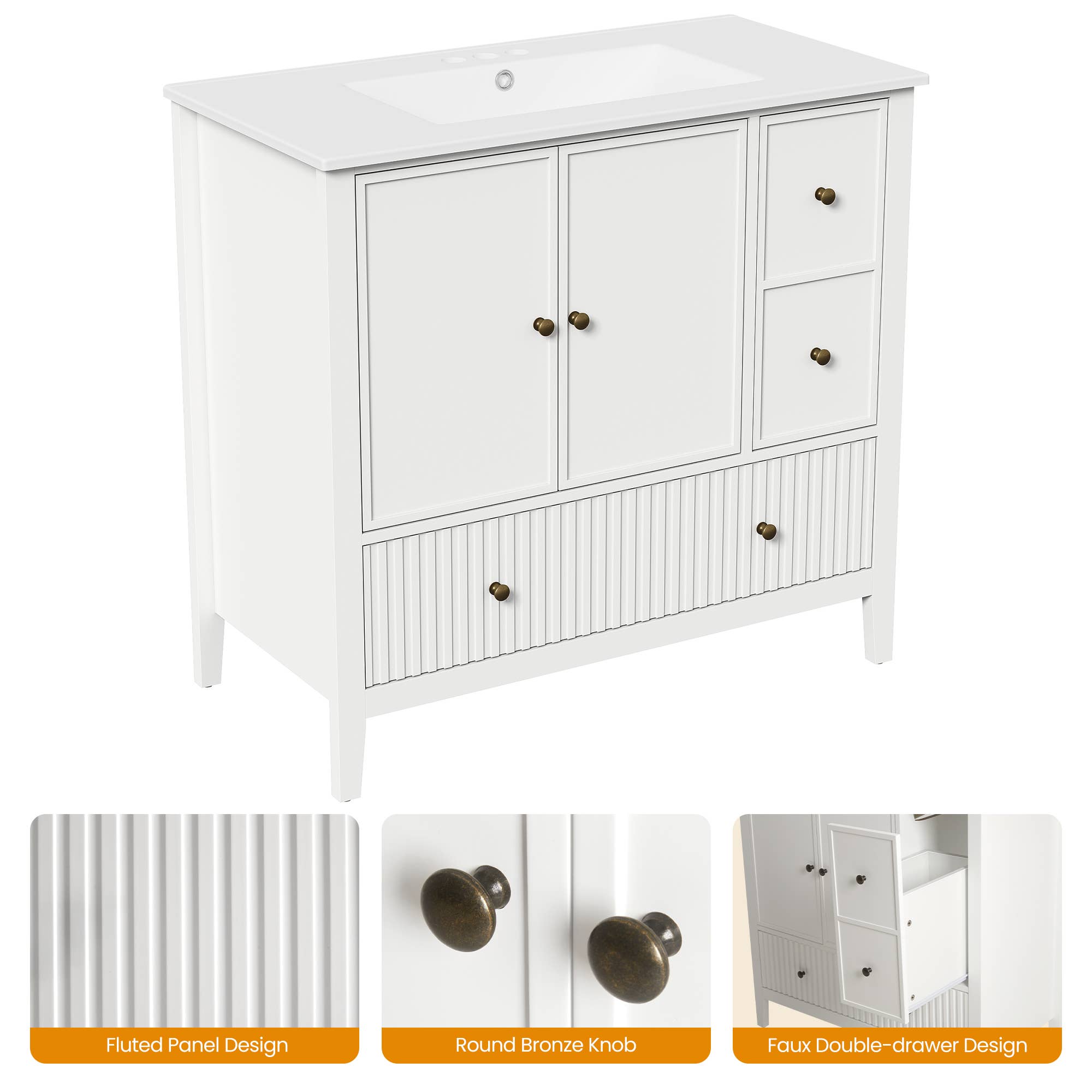 Heynemo - Wholesale Cabinet - 36'' Bathroom Vanity with Sink, Doors and Fluted Drawers5