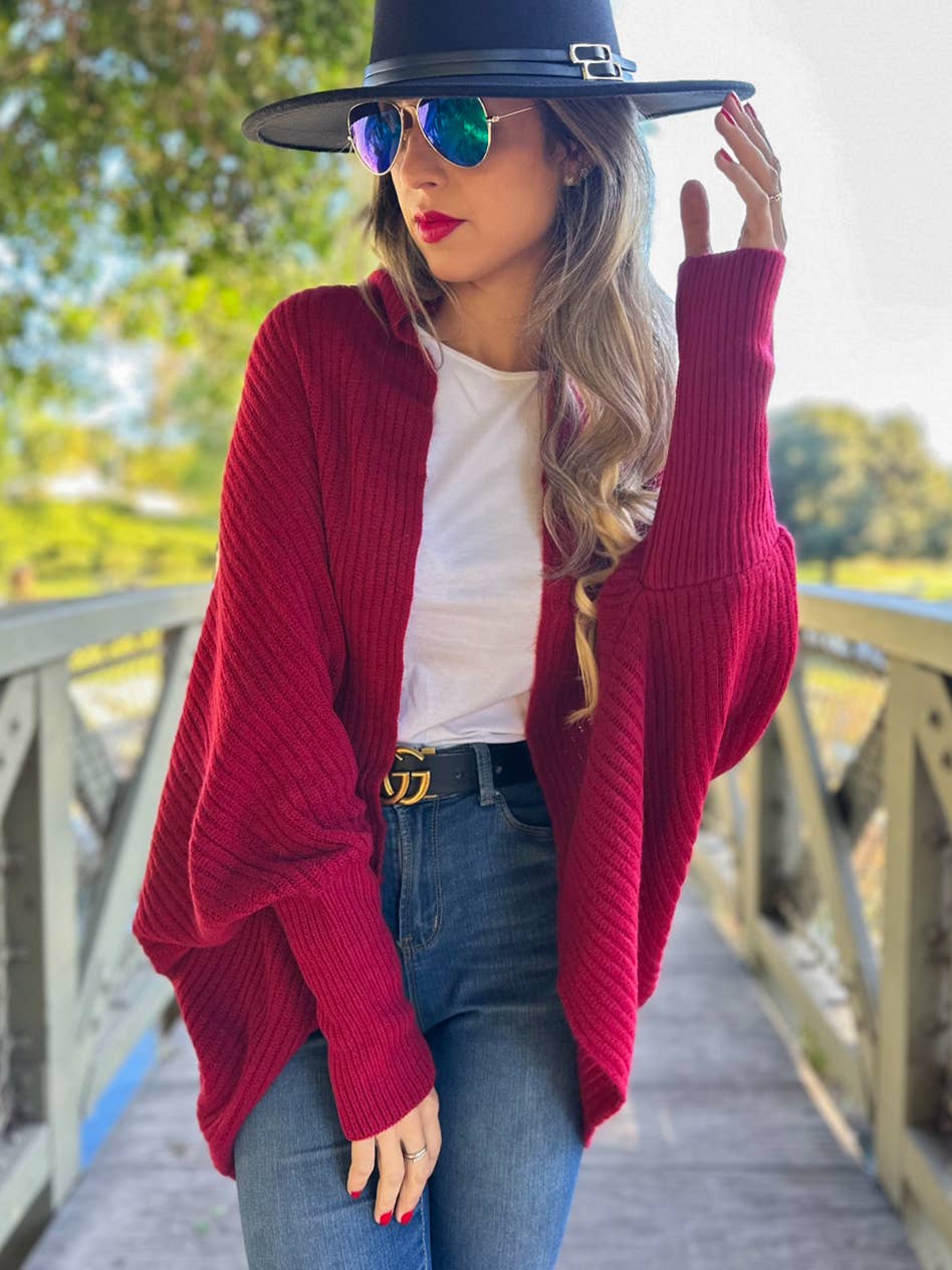 Burgundy Soft Rib Knitted Shrug Cardigan for wholesale on Faire3