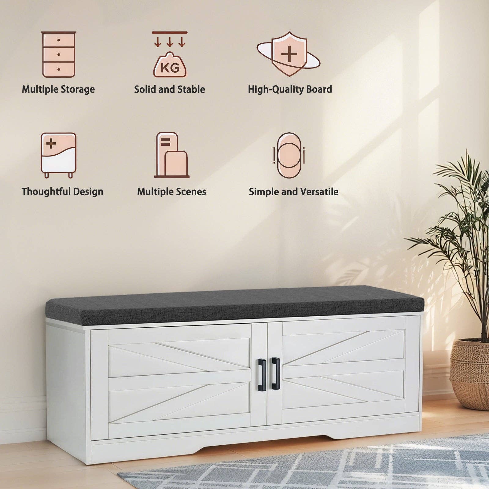 39F Inc. - Wholesale Shoe Rack - White 2-Tier Shoe Bench with Cushion Seat and Barn Doors6