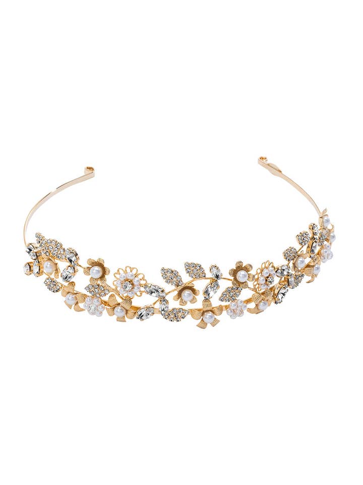 Tiara Zuzen com Buquê de Folhas de Strass e Flores de Filigrana por atacado de DITTA Alessandra Avallone