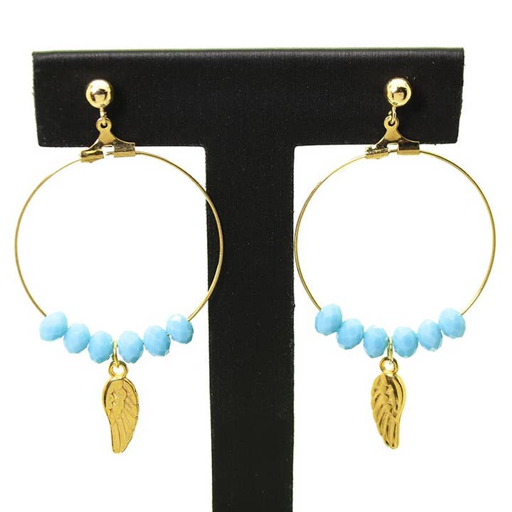 Hoop Earring with Angel Wing and Carved Glass for wholesale by Las Joyas de Amanda