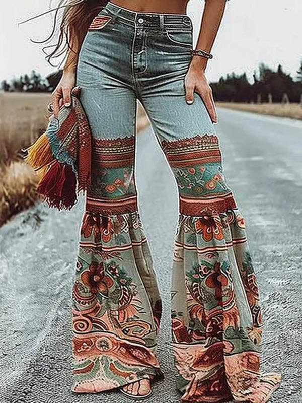 BLUE Flared Pants Floral Printed High-Waisted Pockets Jean Pants Bottoms for wholesale on Faire1