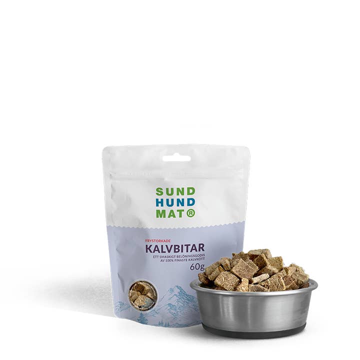 Pezzi di vitello liofilizzati 60g per la vendita all'ingrosso da parte di Sund Hundmat