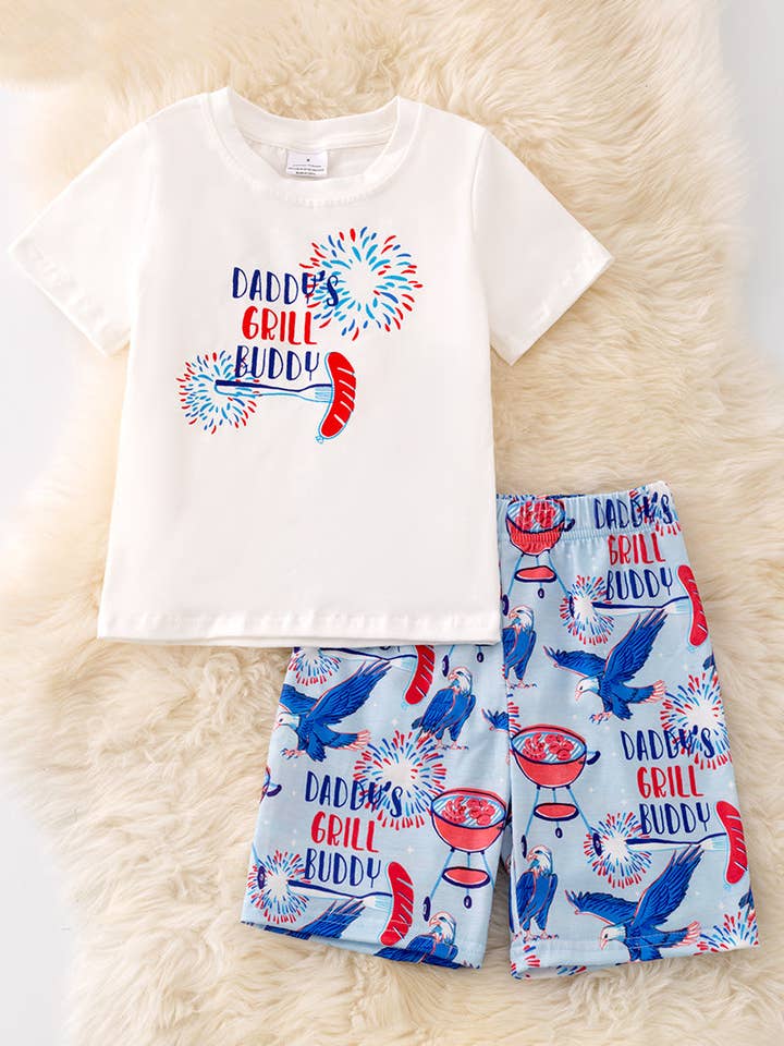Kids Charm Online - Wholesale Top & Short Set - Kids - "Daddy's Grill Buddy" White T-shirt & blue multi printed shorts. OFB50043 SOL