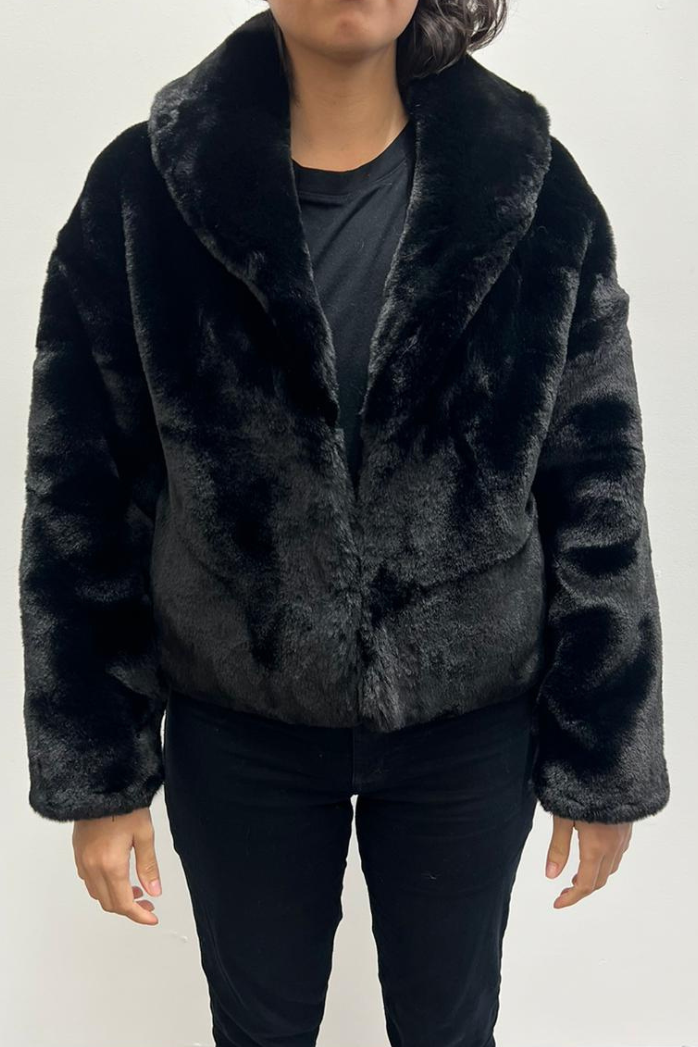 BLACK Love Token Cropped Faux Fur Coat for wholesale on Faire2