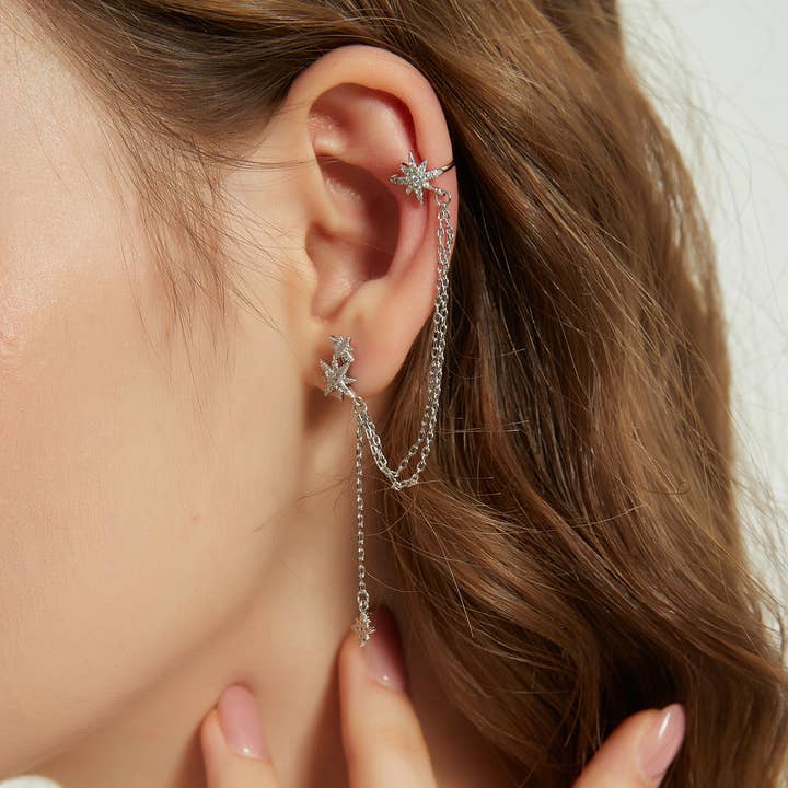 Boucle d'oreille en forme d'étoile en argent Laila, boucle d'oreille étoile, boucle d'oreille en chaîne pour la vente par Melange Blanc