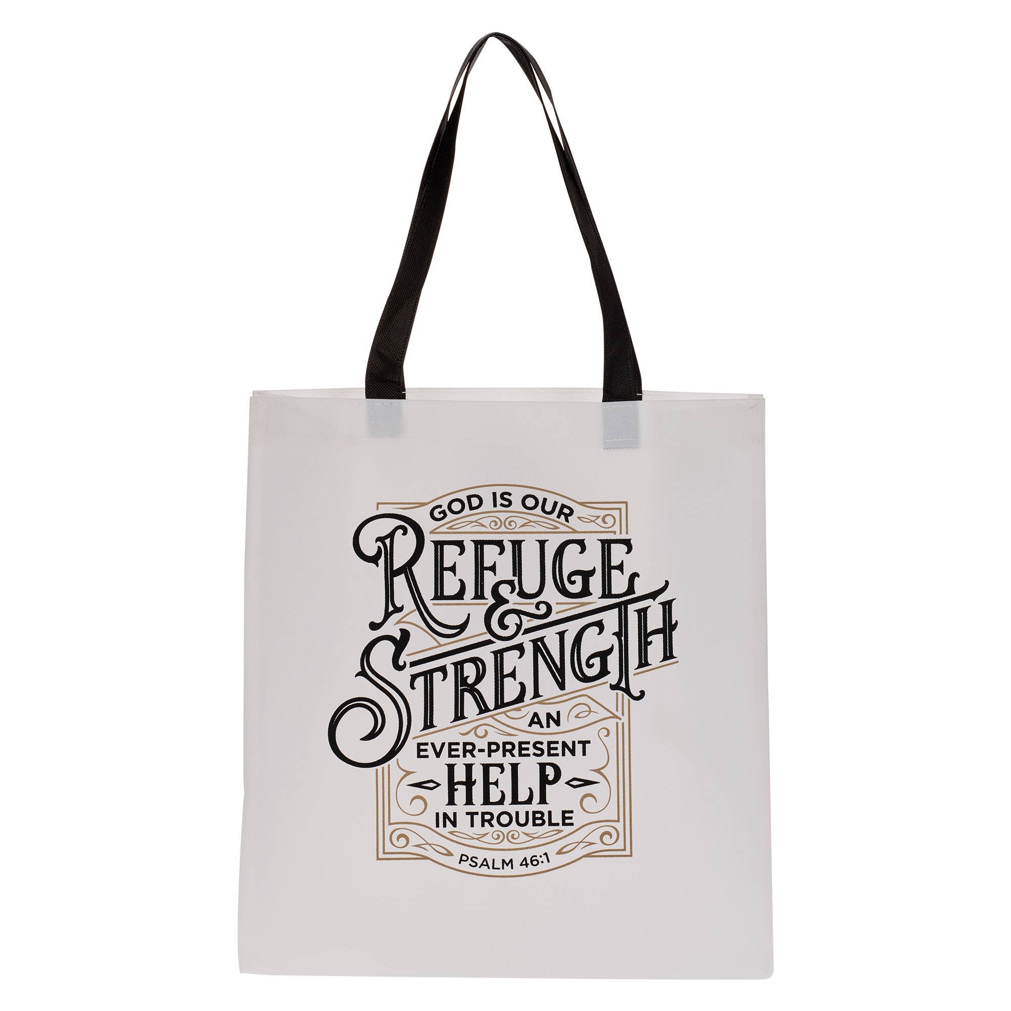Christian Art Gifts - Wholesale Tote Bag - Unisex - Tote White/Black Refuge & Strength Ps. 46:11