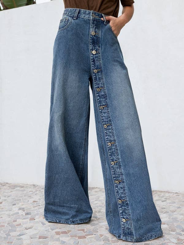 BLUE High Waisted Loose Buttoned Pockets Jean Pants Bottoms for wholesale on Faire