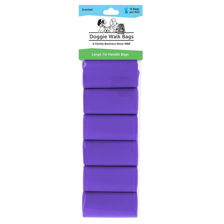 Doggie Walk Bags - Wholesale Pet Poop Bag - 6 Roll Purple Tie Handle Dog Poop Bags, 72 Count