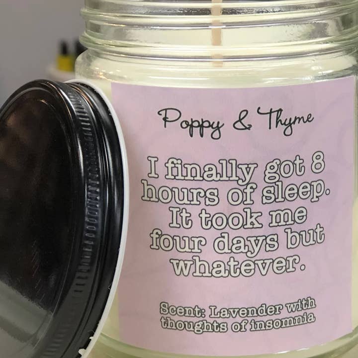 Divertida vela de cera de soja, ocho horas de sueño para venta al por mayor de Poppy & Thyme